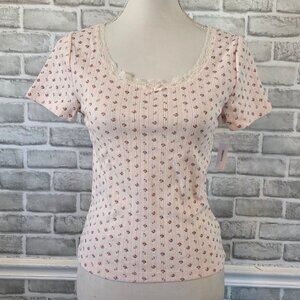 Y2K Gap Body Ribbed Pink Rosebud Lace Trim Baby Tee Top NEW Womens S Ditsy